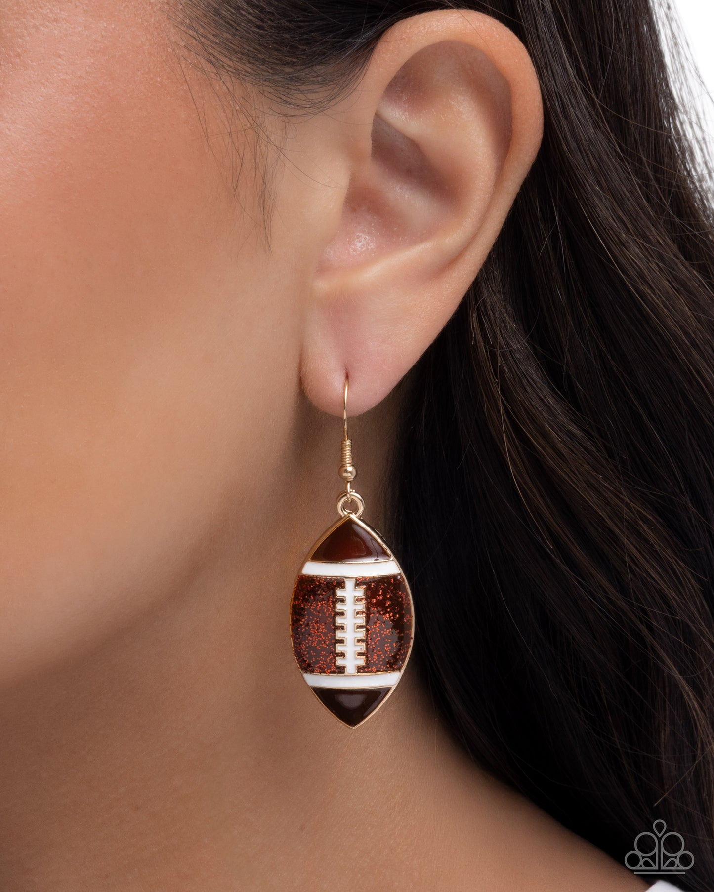 Football Facade - Brown Glittery Enamel Football Gold Fishhook Earrings - Paparazzi Accessories