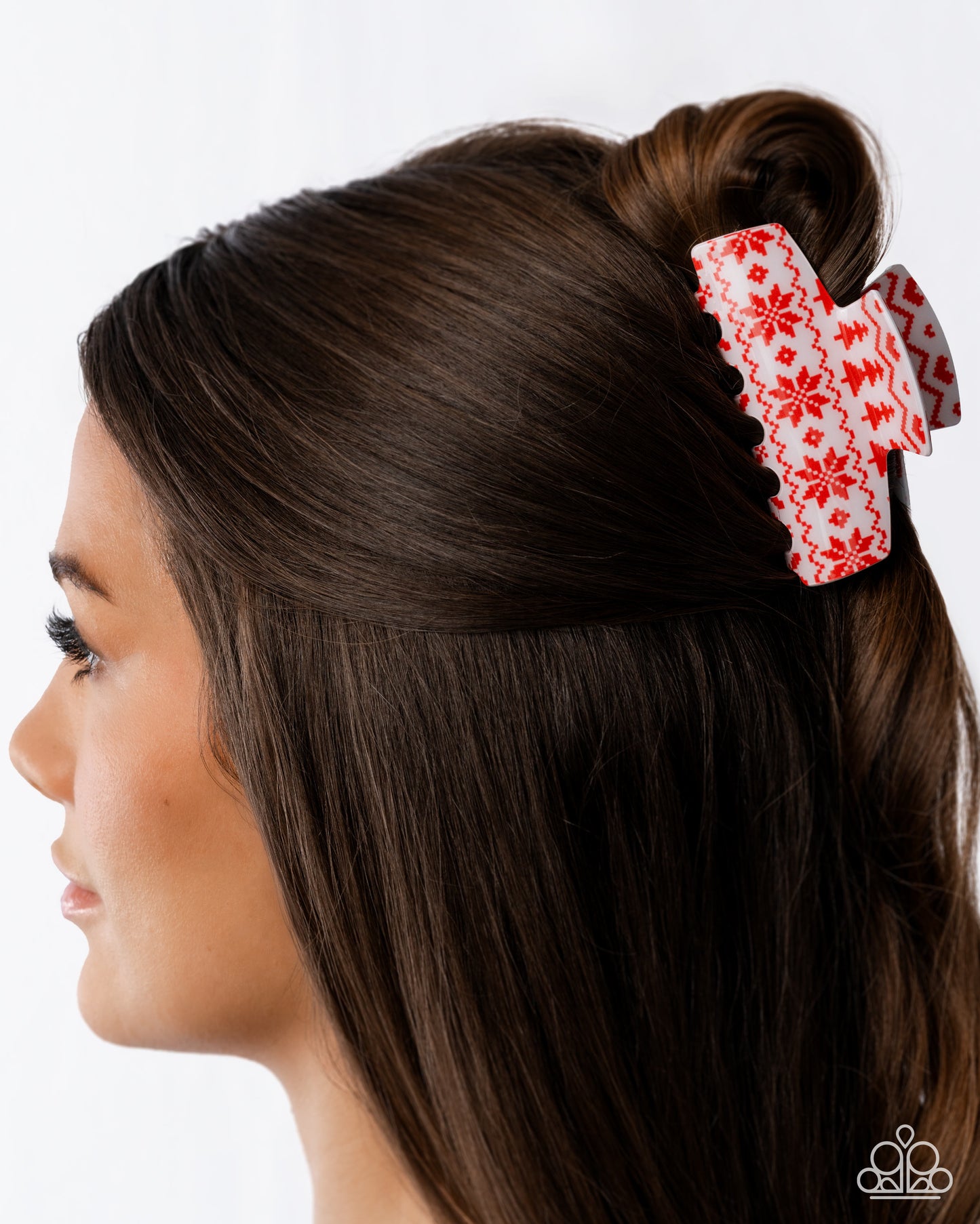 Sweater Style - Red Snowflakes, Christmas Trees & White Acrylic Claw Clip - Paparazzi Accessories