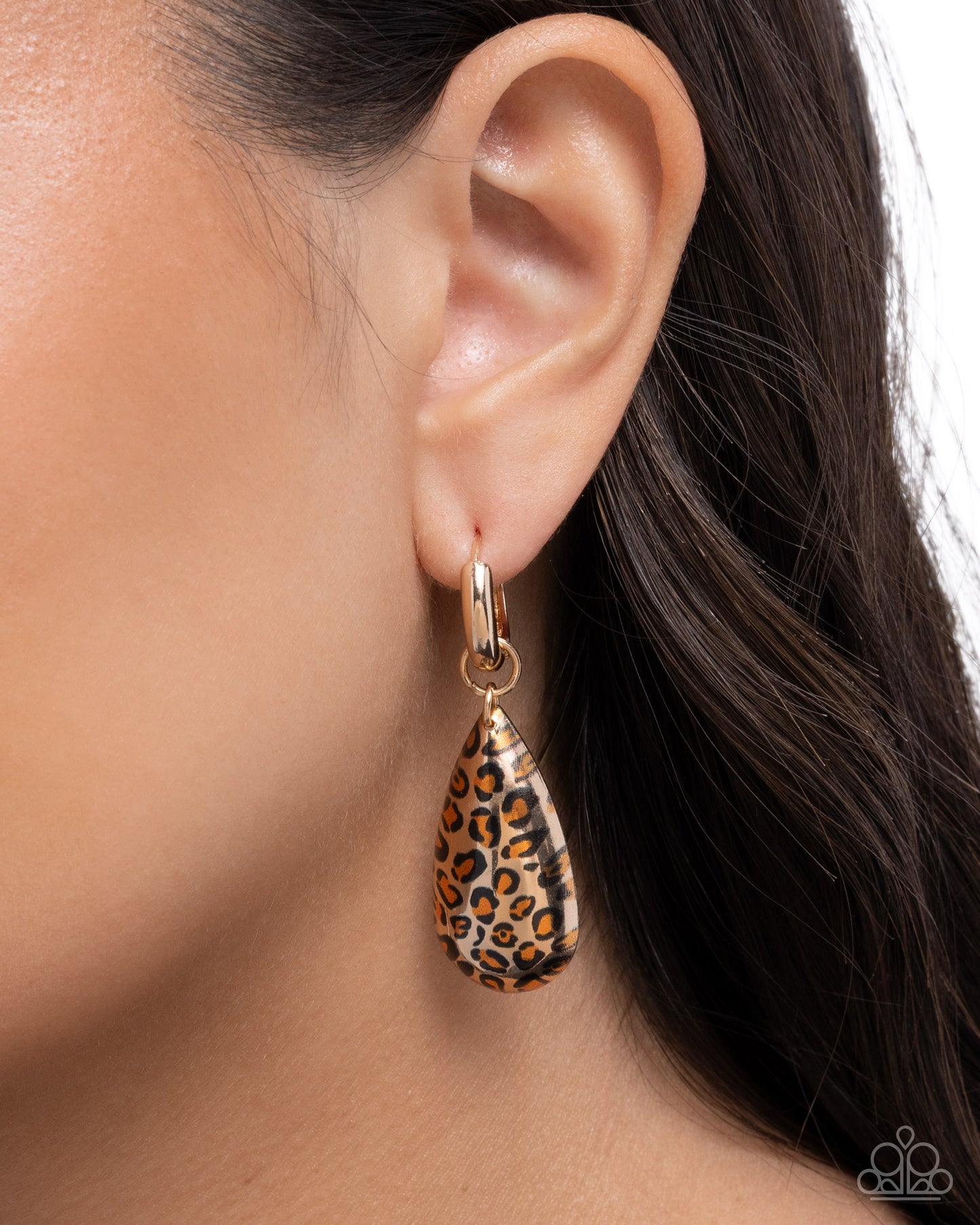 Caged Cheetah - Gold Teardrop Leopard Print Hinge Hoop Earrings - Paparazzi Accessories