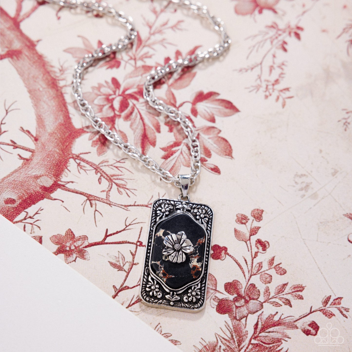 Antiqued Advance - Black Marble Stone, Silver Flower Necklace - Paparazzi Accessories