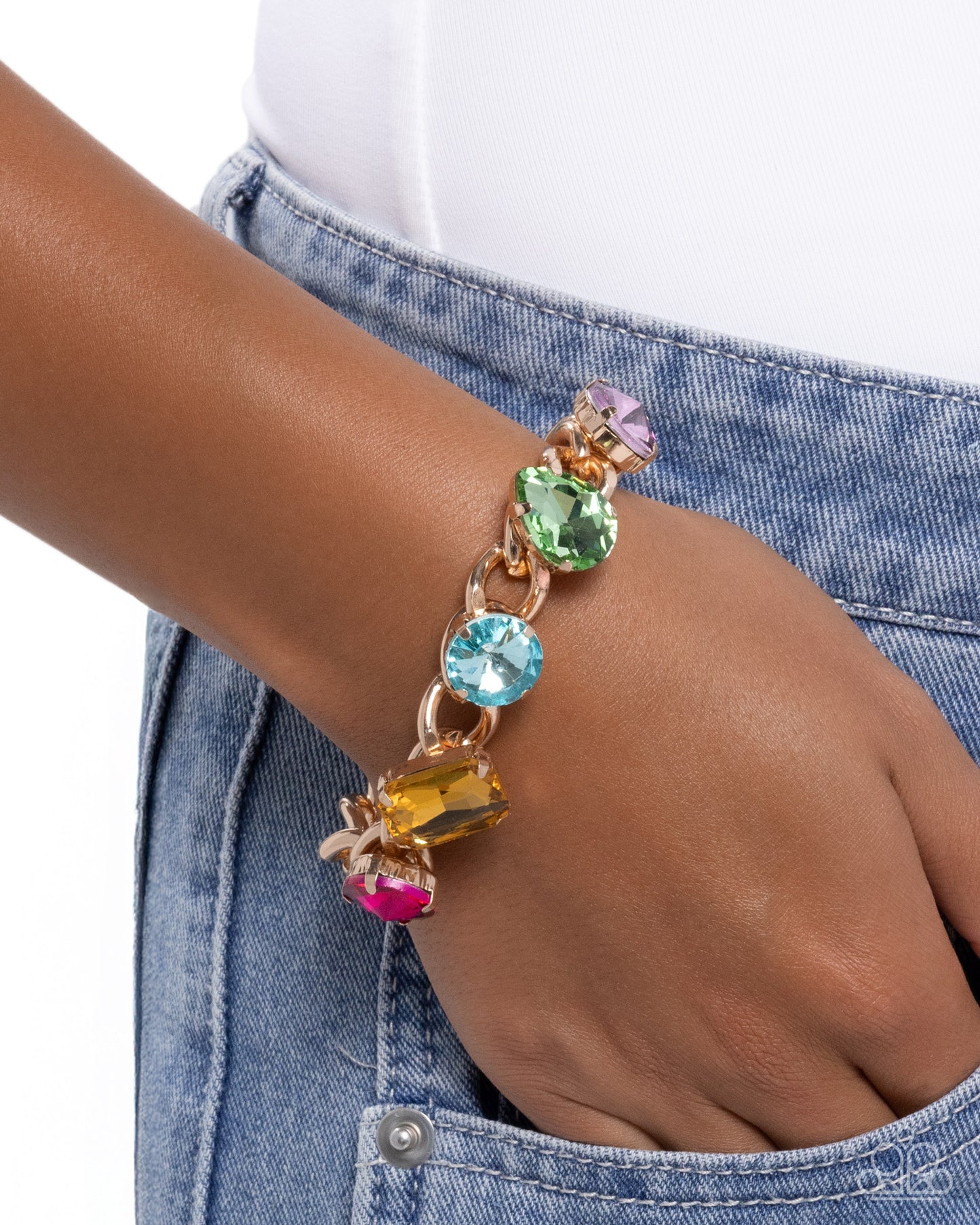 Muted Malibu - Multi Rhinestone, Gold Bracelet - Paparazzi Accessories