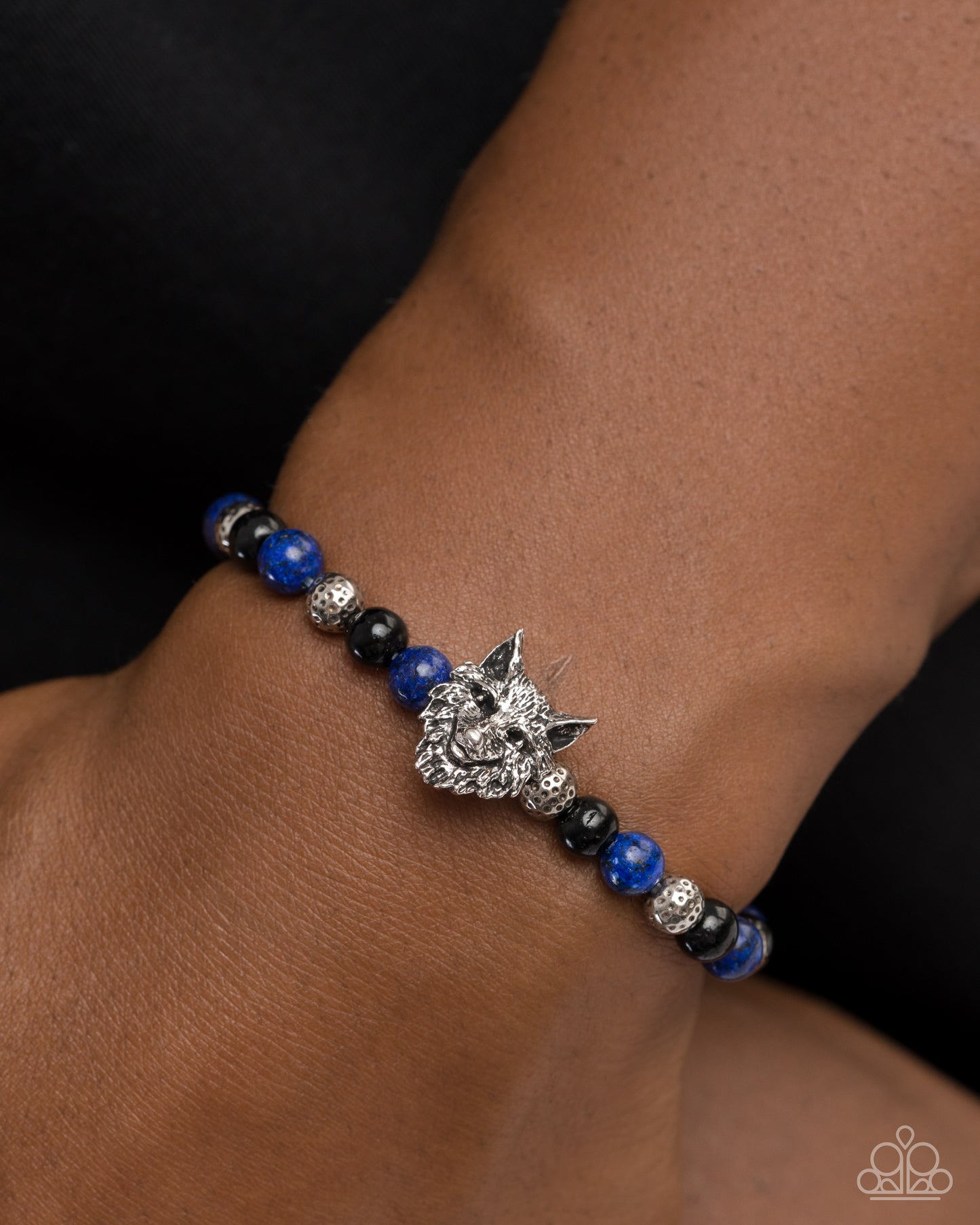 Alphas Claim - Blue Stone Silver Wolf Charm Urban Stretchy Bracelet - Paparazzi Accessories