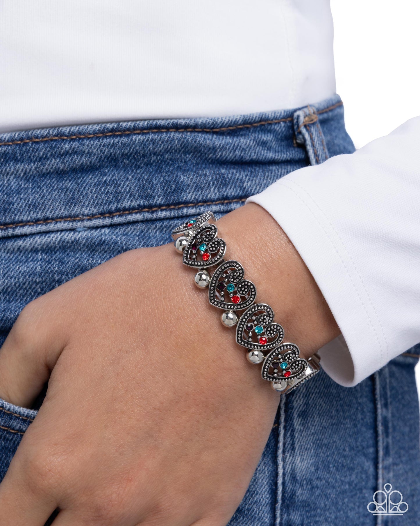 Historic Heartthrob - Multi, Red, Blue, Purple Rhinestone, Silver Heart Bracelet - Paparazzi Accessories