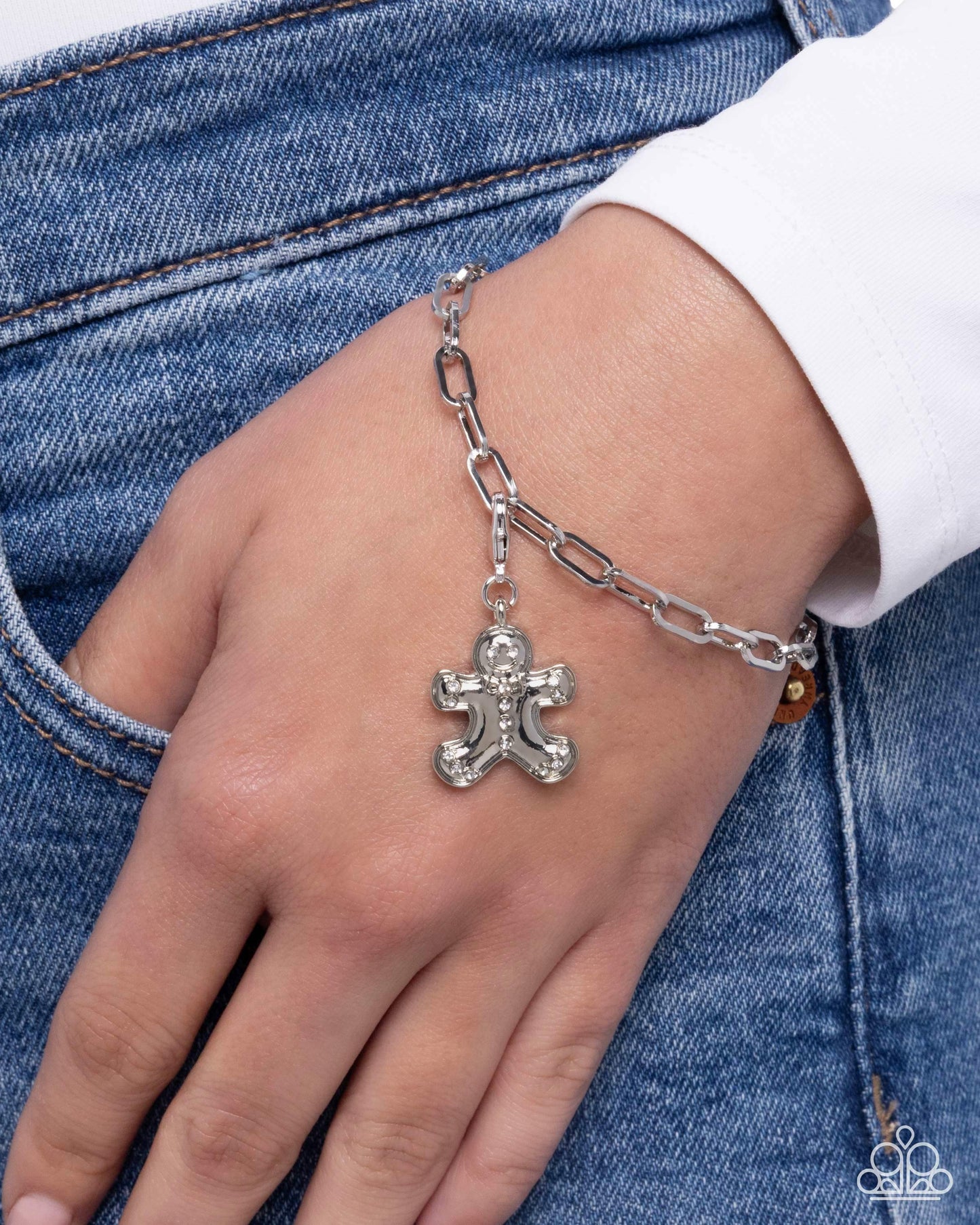 Genuine Gingerbread - White Rhinestone - Rhodium Gingerbread Man Charm - Paparazzi Accessories