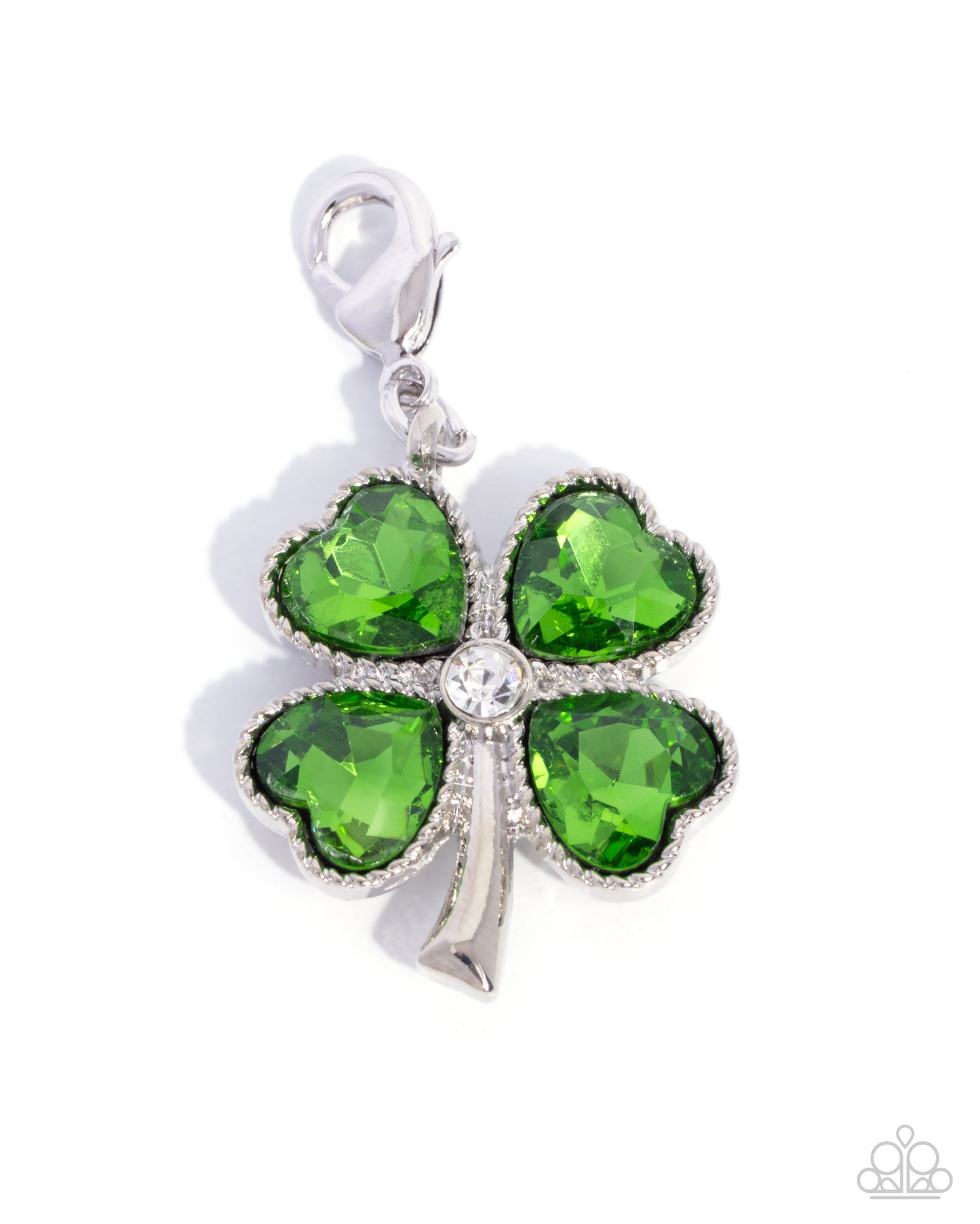 Lucky Luminescence - Green Rhinestone, Silver Clover Rhodium Plated Charm - Paparazzi Accessories