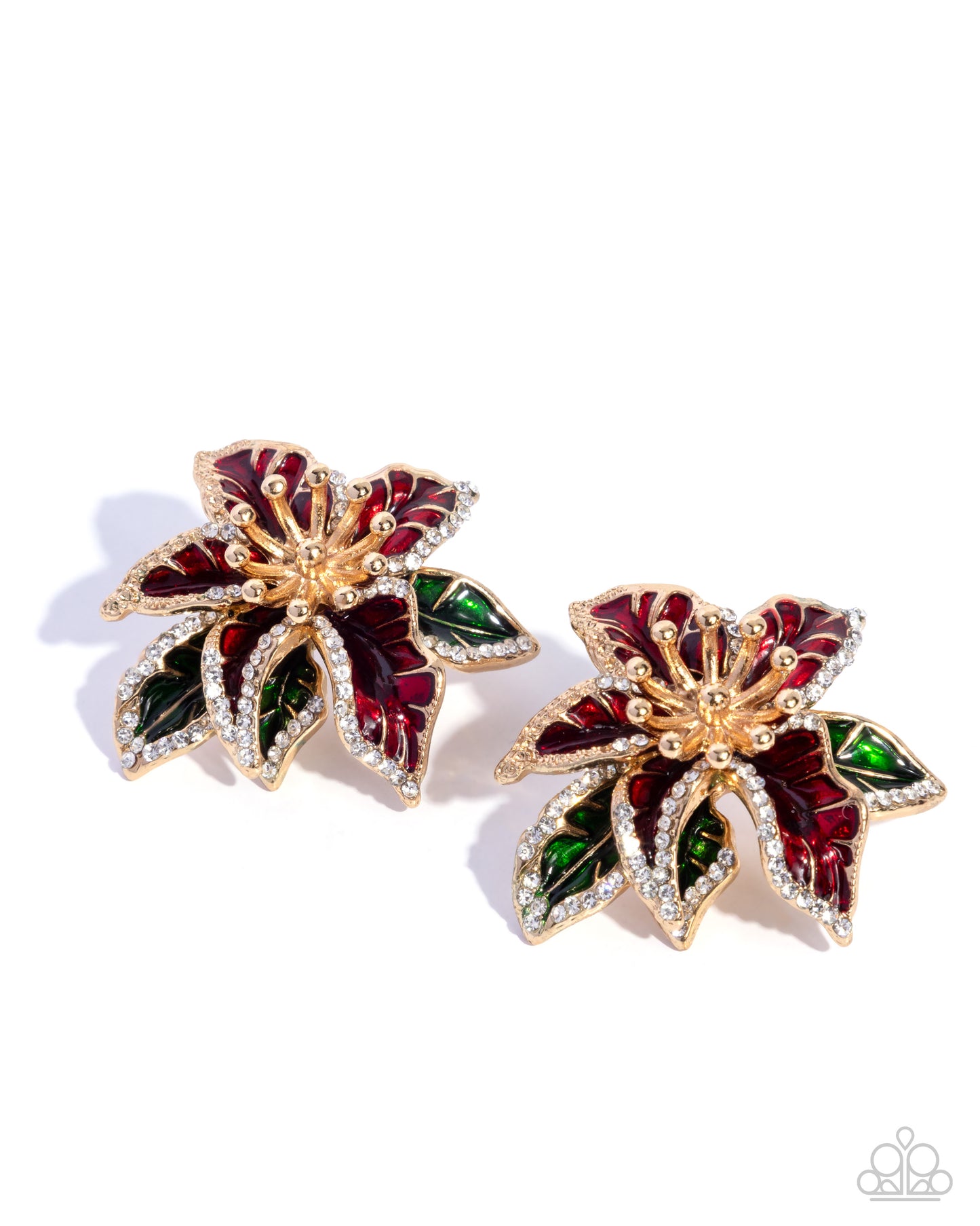 Particular Poinsettia - Red and Green Enamel, White Rhinestone, Gold Postback Earrings - Paparazzi Accessories