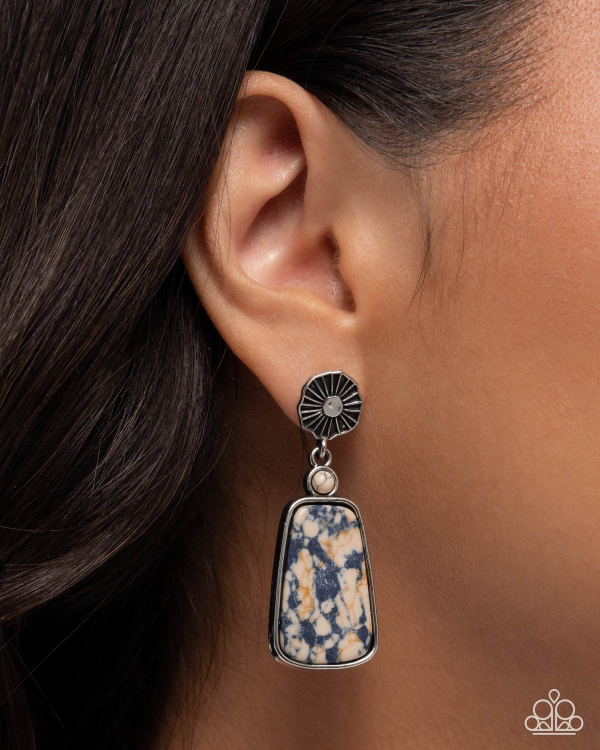 Fearless Freefall - Black amd Ivory Marbled Stone, Silver Post Earrings - Paparazzi Accessories