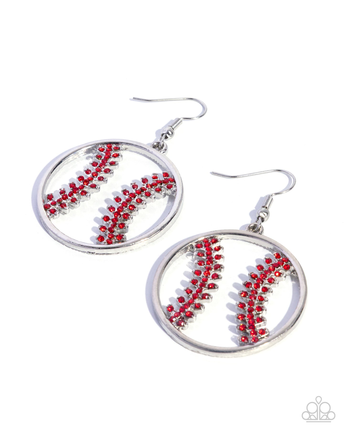 Ninth Inning - Red Rhinestone Silver Baseball Earrings - Paparazzi Accessories