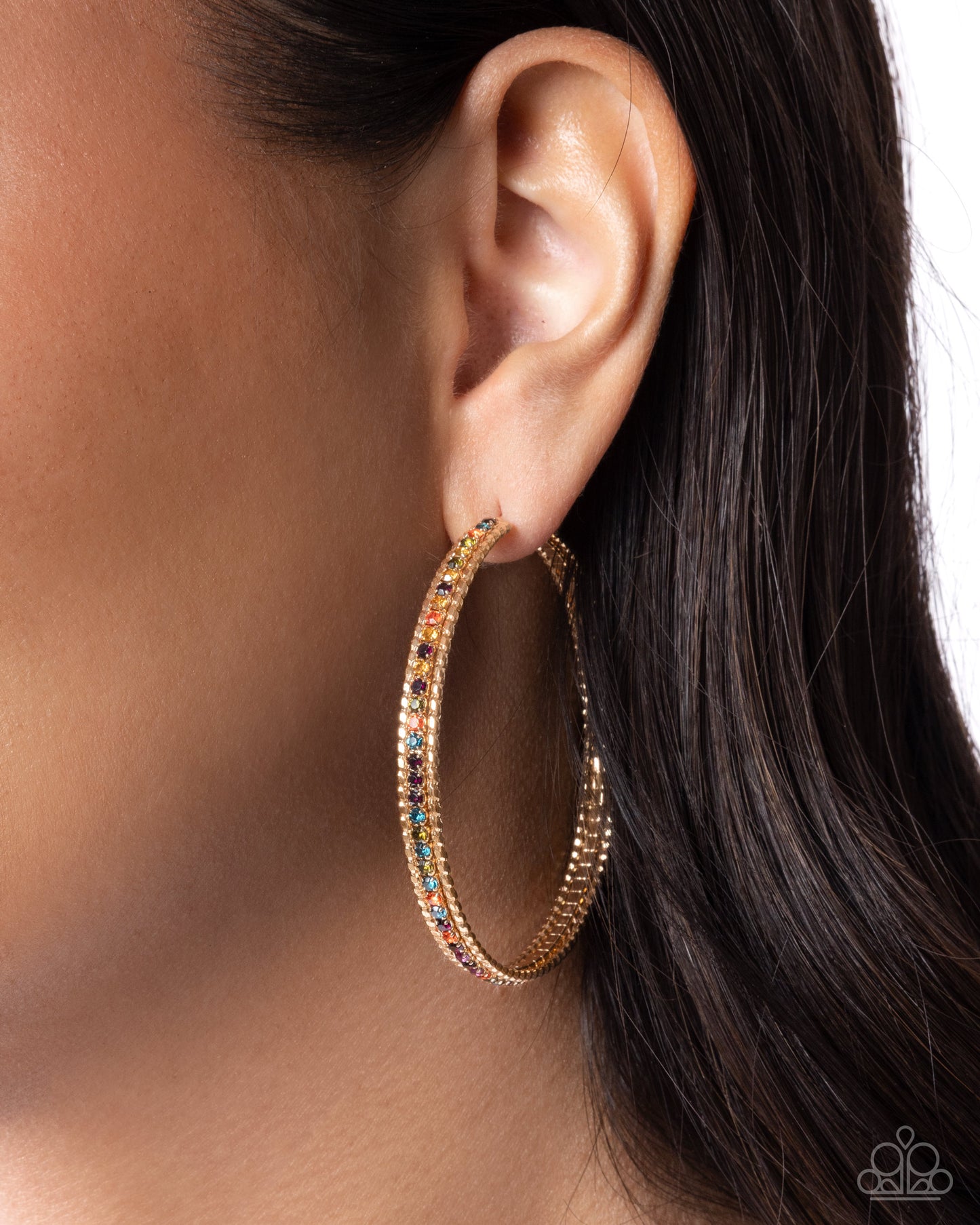 Candescent Collision - Gold Multi Rhinestone Hoop Earrings - Paparazzi Accessories
