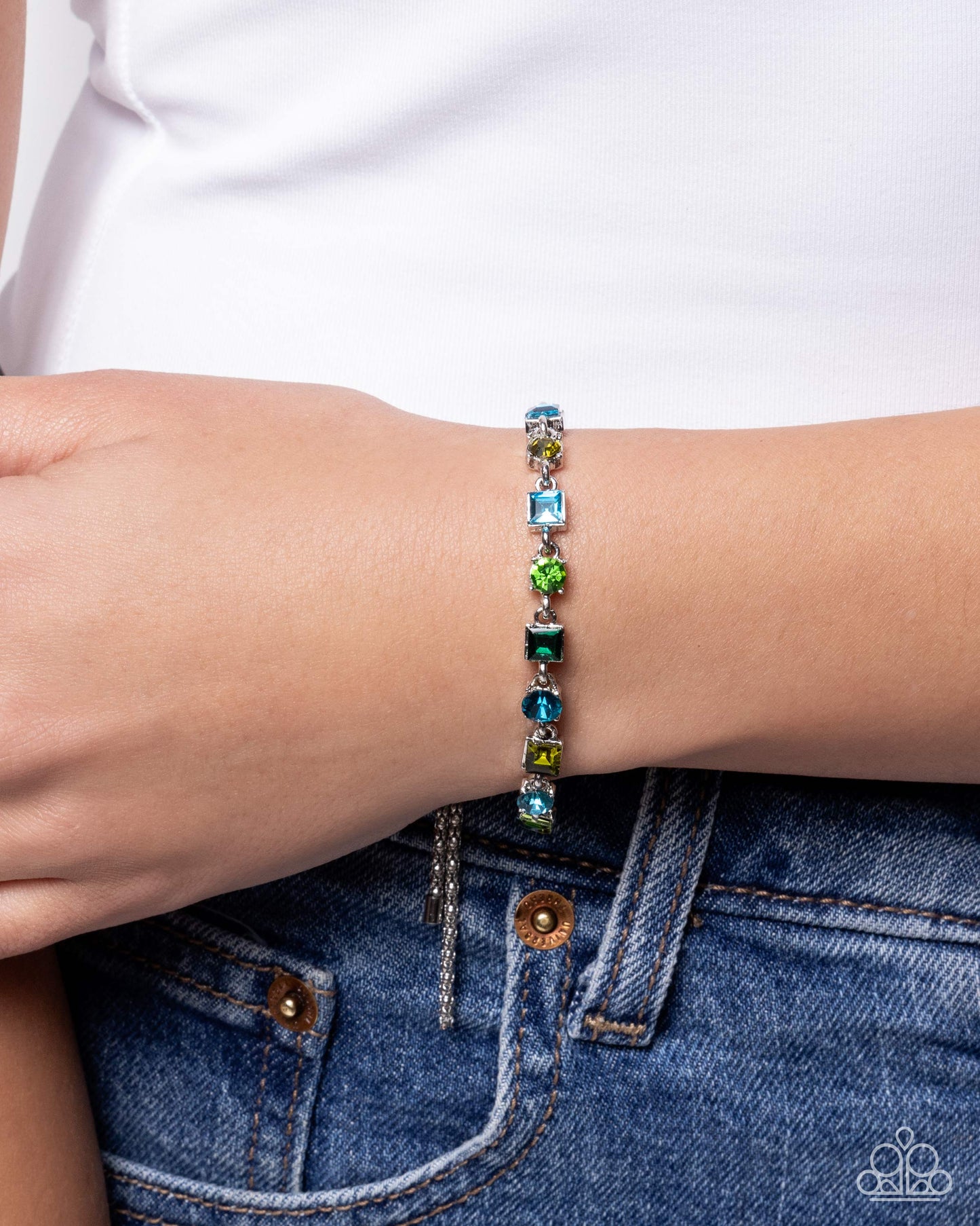 Checking For Chic - Green Rhinestone Slide Bracelet - Paparazzi Accessories