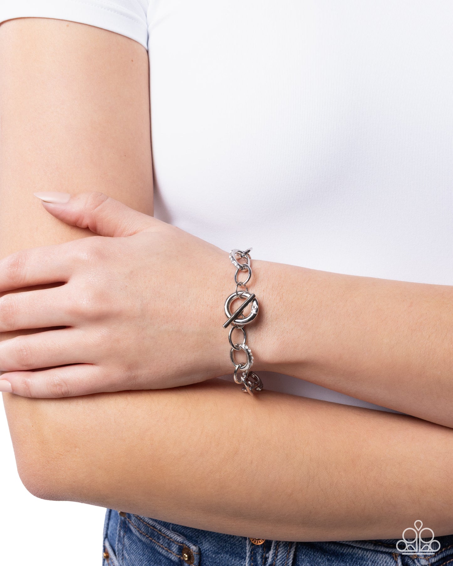Collaborative Chic - White Rhinestone, Silver Toggle Bracelet - Paparazzi Accessories