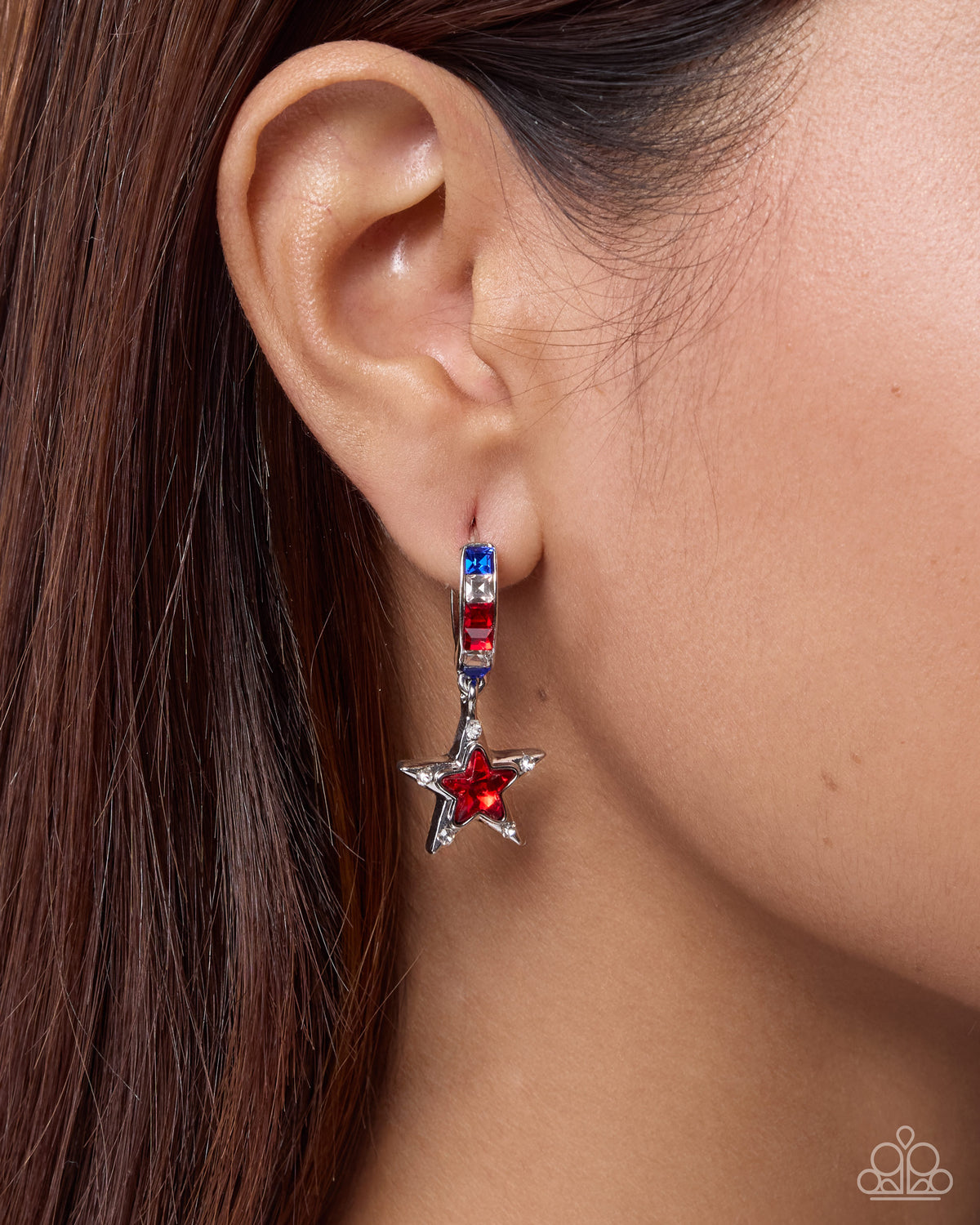Patriotic Pizzazz - Red, White and Blue Rhinestone, Silver Star Hinge Hoop Earrings - Paparazzi Accessories