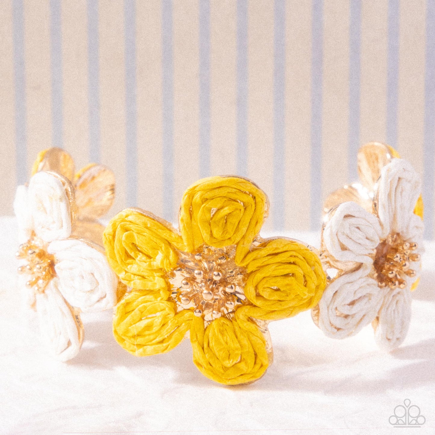 Rustic Raffia - Yellow, White and Tan Flower Cuff Bracelet - Paparazzi Accessories
