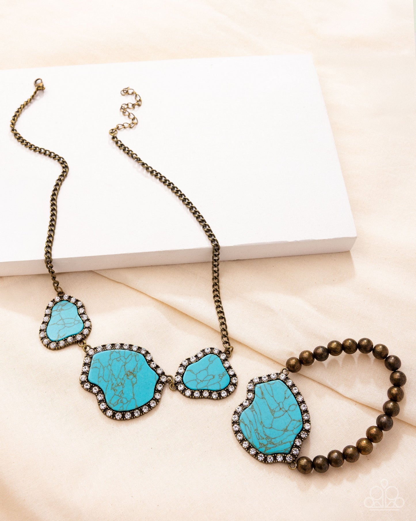 Complete Look - Brass and Blue Turquoise Crackle Stone Necklace and Bracelet - Paparazzi Accessories