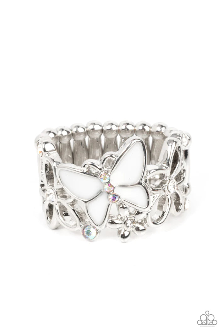 All FLUTTERED Up - White Ring - Paparazzi Accessories