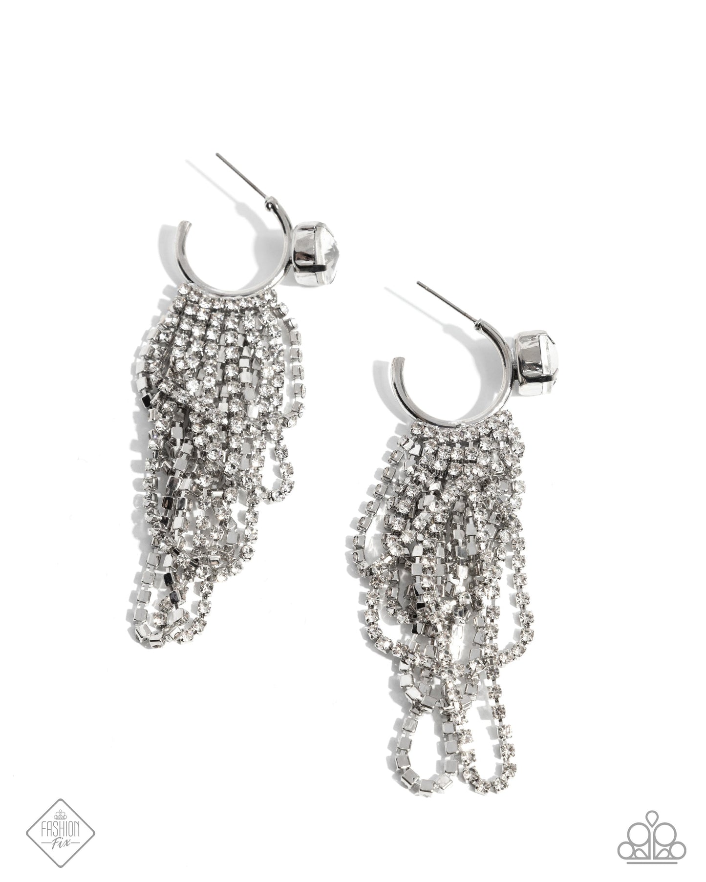 Ceaseless Chic - White - Rhinestone Fringe Paparazzi Hoop Earrings - March 2025 Fiercely 5th Avenue