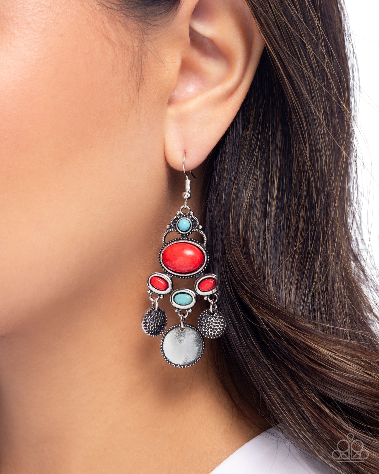 Chandelier Candor - Multi- Red & Turquoise Blue Crackle Stone Silver Disc Fishhook Earrings - Paparazzi Accessories