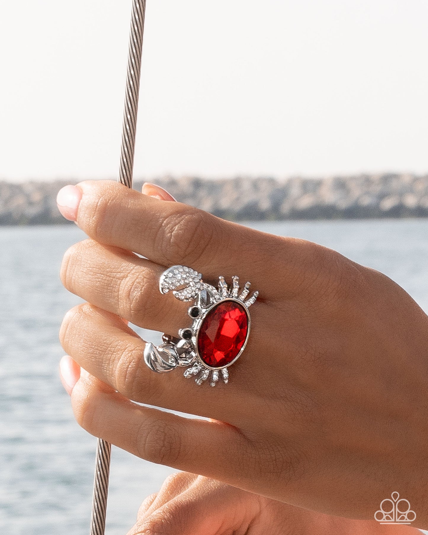 Crab Confidence - Red Rhinestone Silver Ring - Empower Me Pink Exclusive 2025 - Paparazzi Accessories