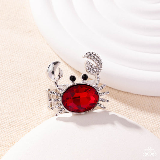 Crab Confidence - Red Rhinestone Silver Ring - Empower Me Pink Exclusive 2025 - Paparazzi Accessories