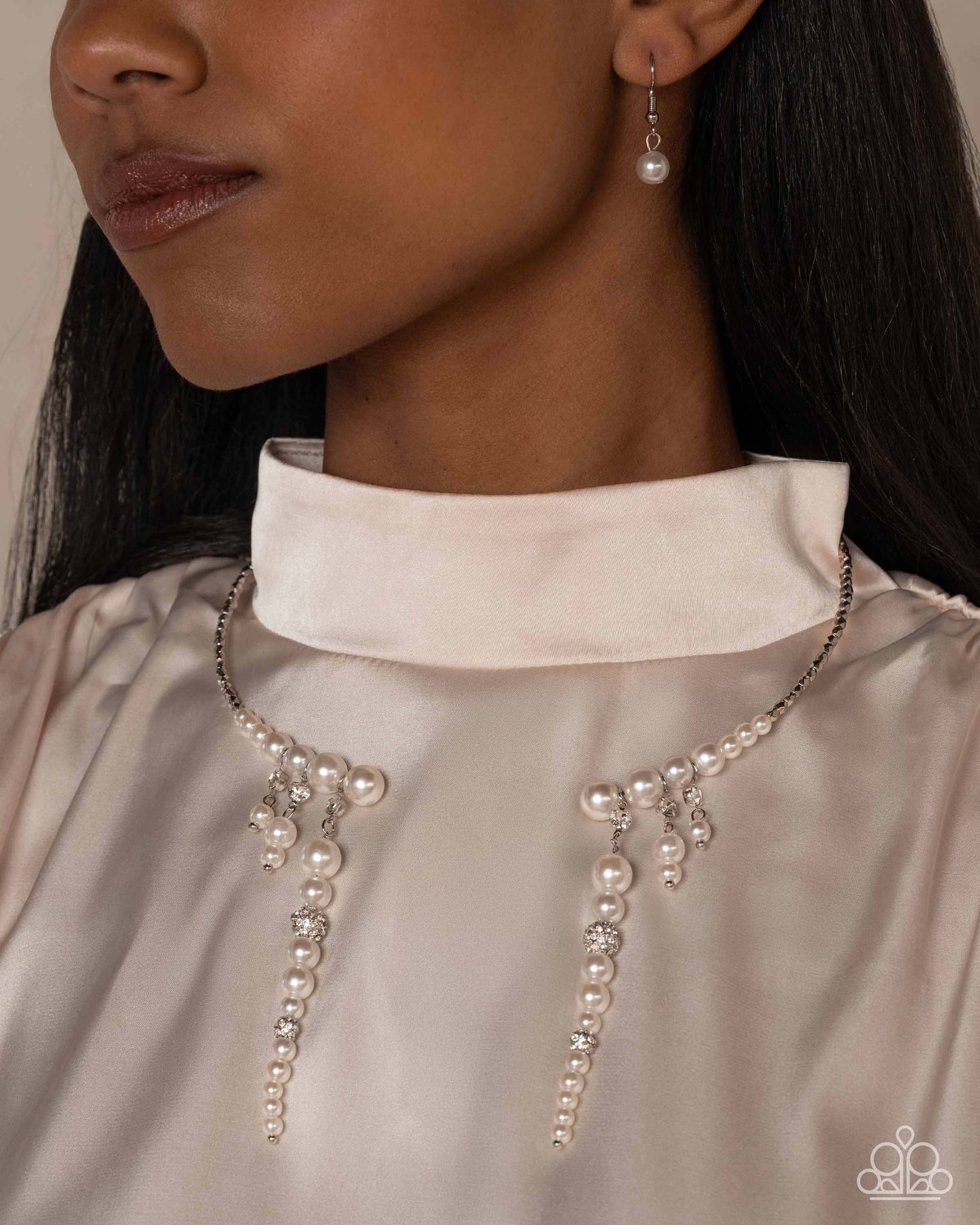 Darling Decade - White Pearl Silver Open-Ended Necklace - Empower Me Pink Exclusive 2025 - Paparazzi Accessories