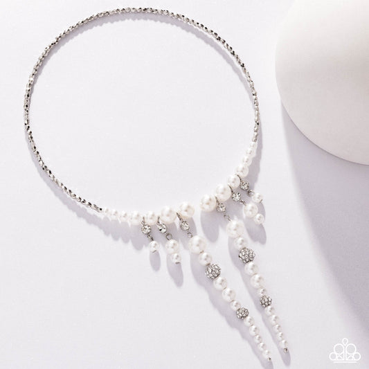 Darling Decade - White Pearl Silver Open-Ended Necklace - Empower Me Pink Exclusive 2025 - Paparazzi Accessories
