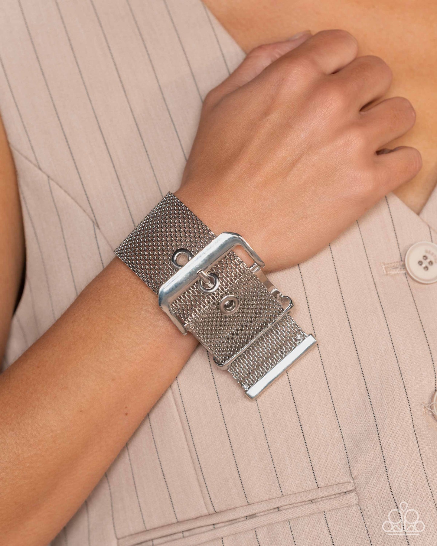 Defiant Display - Silver Mesh Chain Belt Loop Buckle Bracelet - Empower Me Pink Exclusive 2025 - Paparazzi Accessories