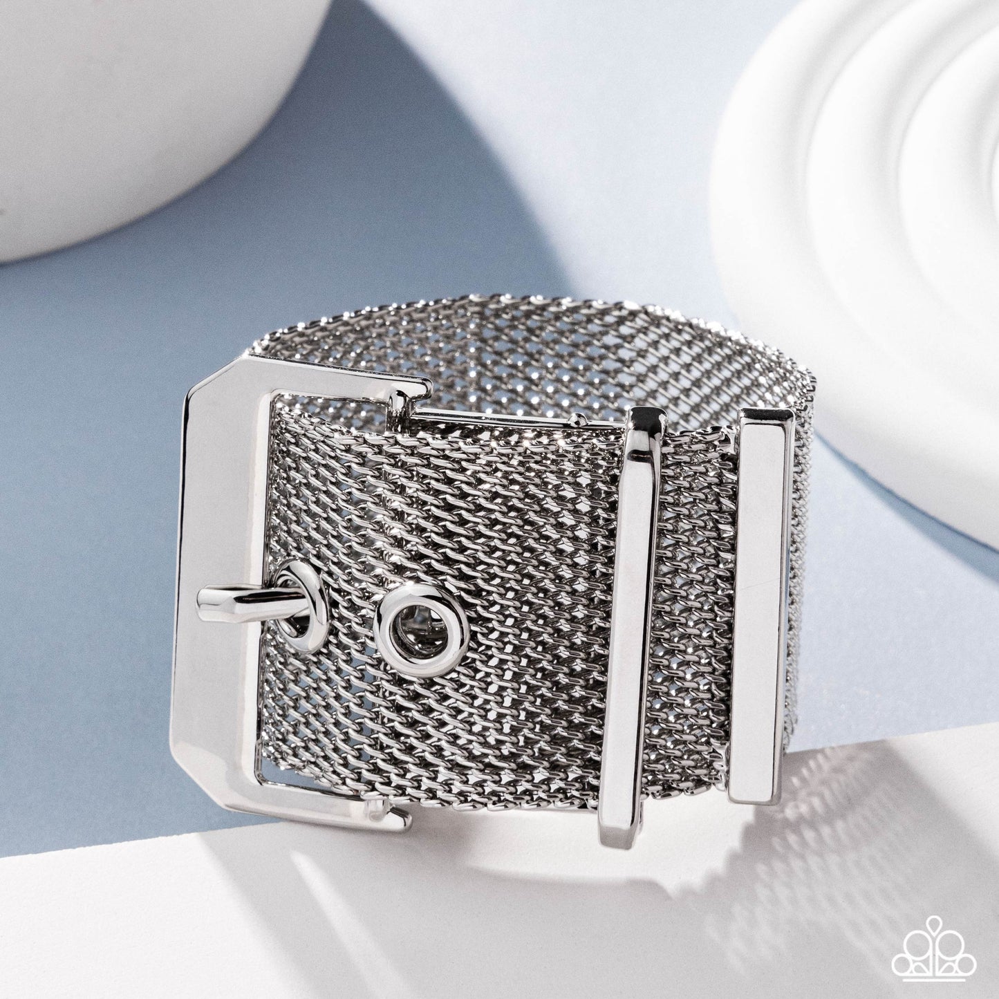Defiant Display - Silver Mesh Chain Belt Loop Buckle Bracelet - Empower Me Pink Exclusive 2025 - Paparazzi Accessories