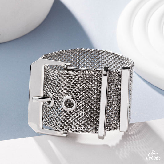 Defiant Display - Silver Mesh Chain Belt Loop Buckle Bracelet - Empower Me Pink Exclusive 2025 - Paparazzi Accessories