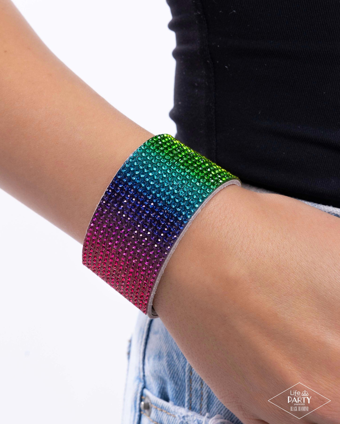 Fade Out - Multi - J.J. & Matt's Black Diamond Exclusive - Rainbow Rhinestone Snap Bracelet - Paparazzi Accessories