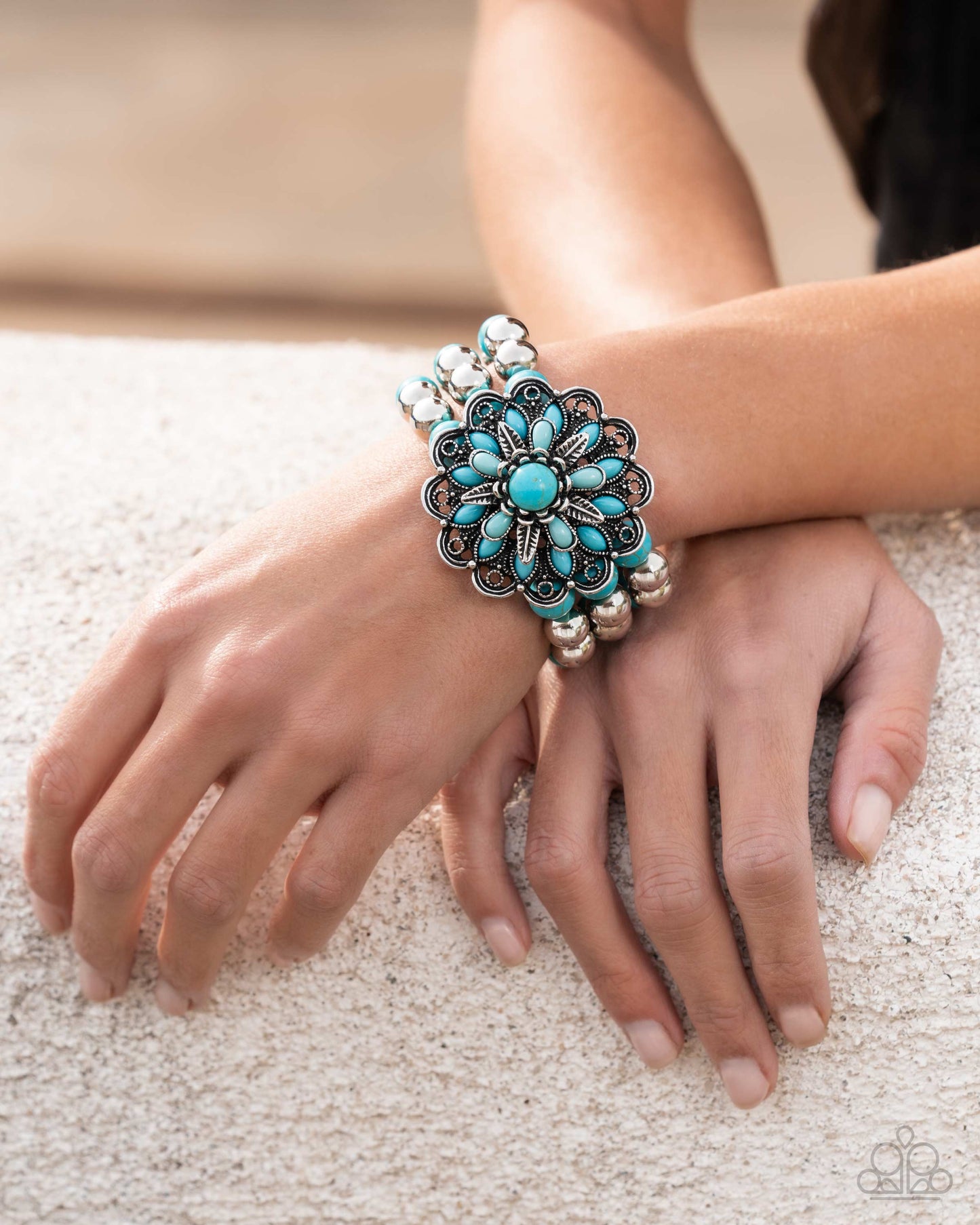 Floral Figment - Blue Turquoise Marble Stone Silver Flower Stretchy Bracelet - Empower Me Pink Exclusive 2025 - Paparazzi Accessories