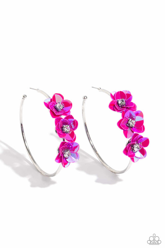 Ethereal Embellishment - Pink - Sequin Flower Hoop Earrings - Paparazzi Accessories