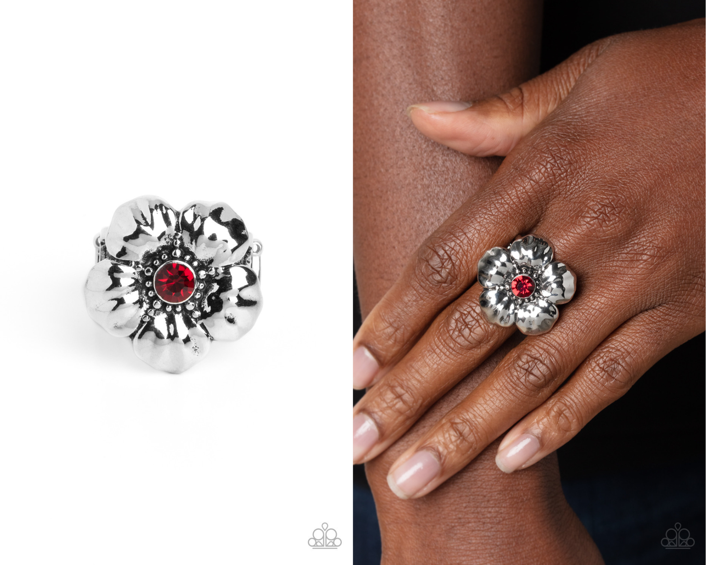 BLOOM BLOOM Pow - Red Rhinestone Silver Flower Ring - Paparazzi Accessories