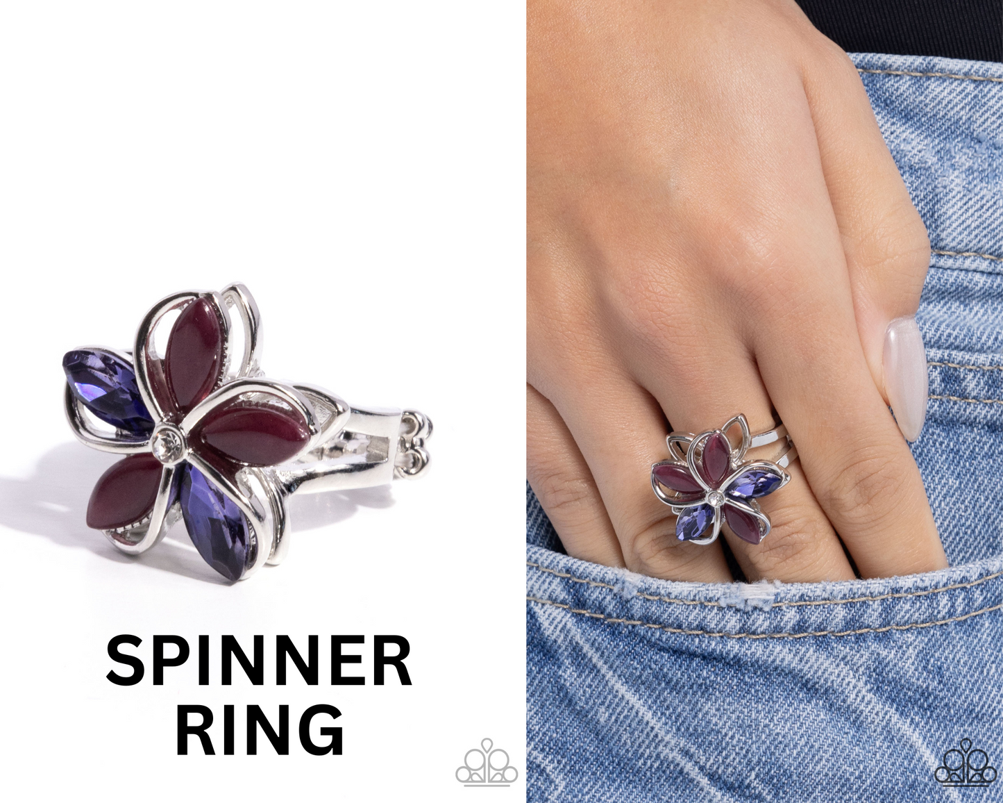 Floral Fabrication - Purple Gem & Cat's Eye Flower "Fidget Spinner" Silver Ring - Paparazzi Accessories