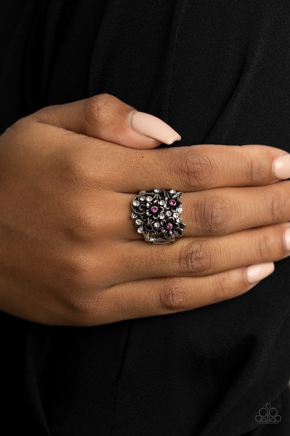 Perfectly Perennial - Pink Rhinestone Flower Ring - Paparazzi Accessories