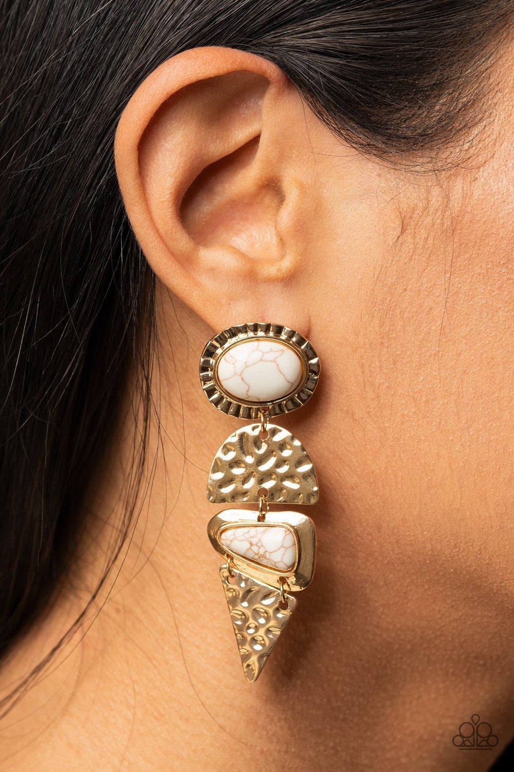 Earthy Extravagance - Gold - White Crackle Stone Post Earrings - Paparazzi Accessories