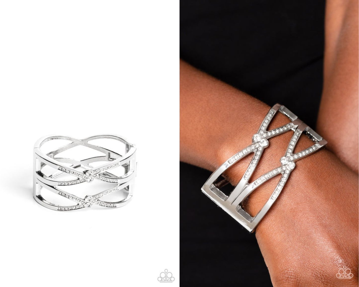 Entrancing Etiquette - White Rhinestone Silver Hinge Bracelet - Paparazzi Accessories