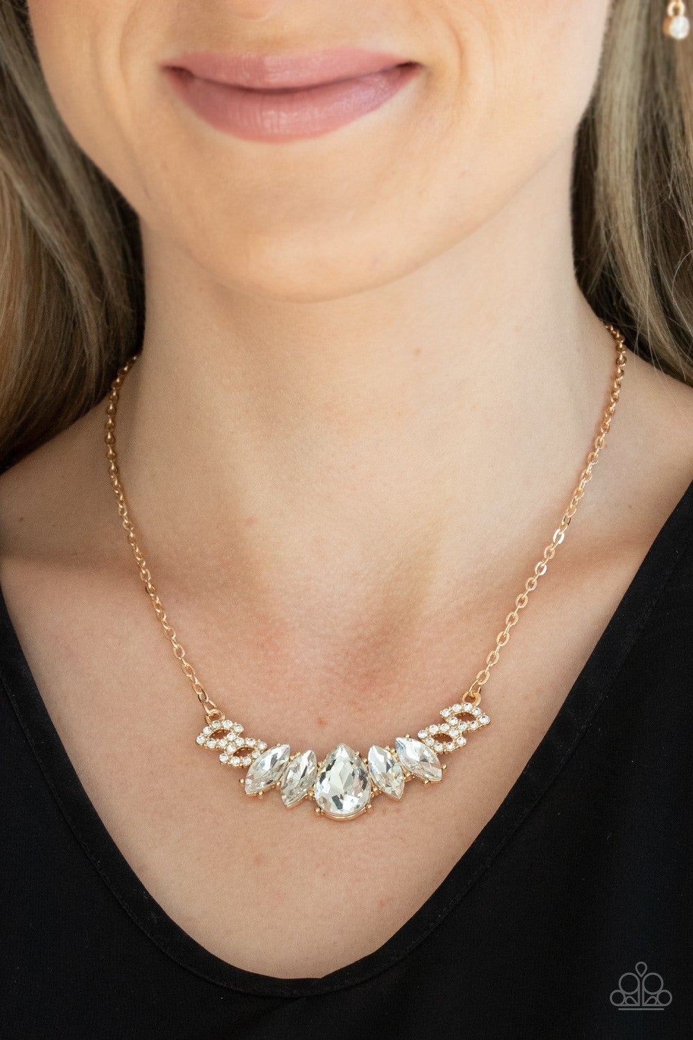 Bride-to-BEAM - Gold Rhinestone Necklace - Paparazzi Accessories