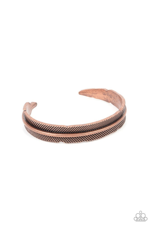 QUILL-Call - Copper Feather Urban Cuff - Paparazzi Accessories