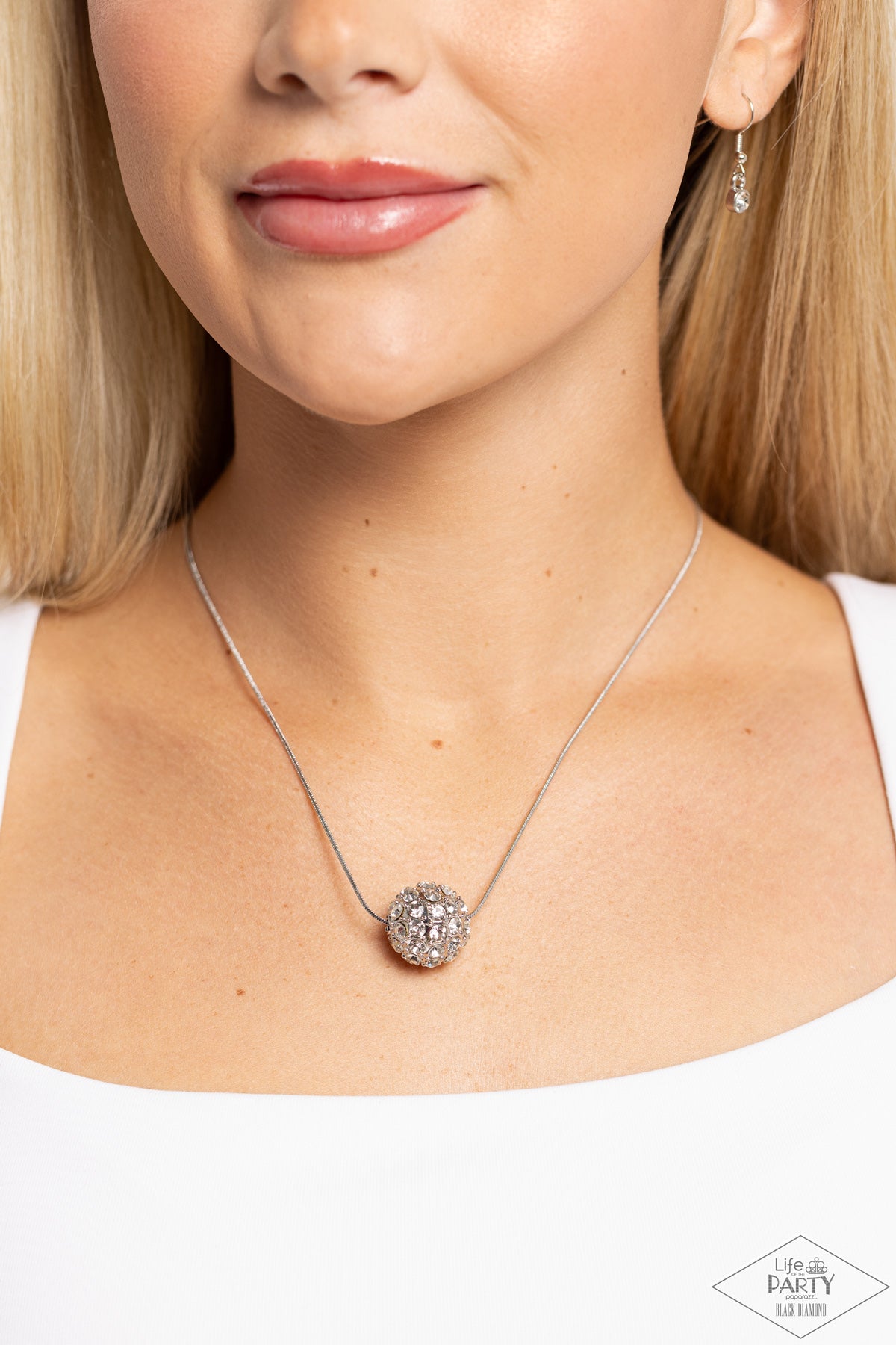 Come Out of Your BOMBSHELL - White Rhinestone Disco Ball Necklace - Paparazzi Accessories