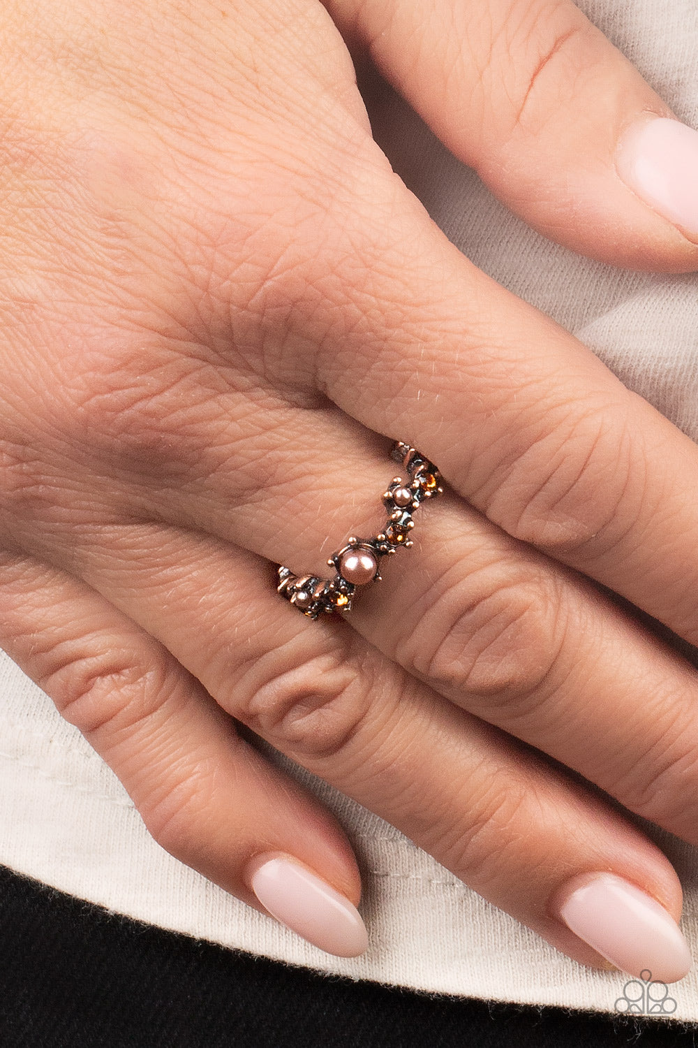 Blissfully Bella - Copper - Topaz Rhinestone and Coppery Pearl Ring - Paparazzi Accessories