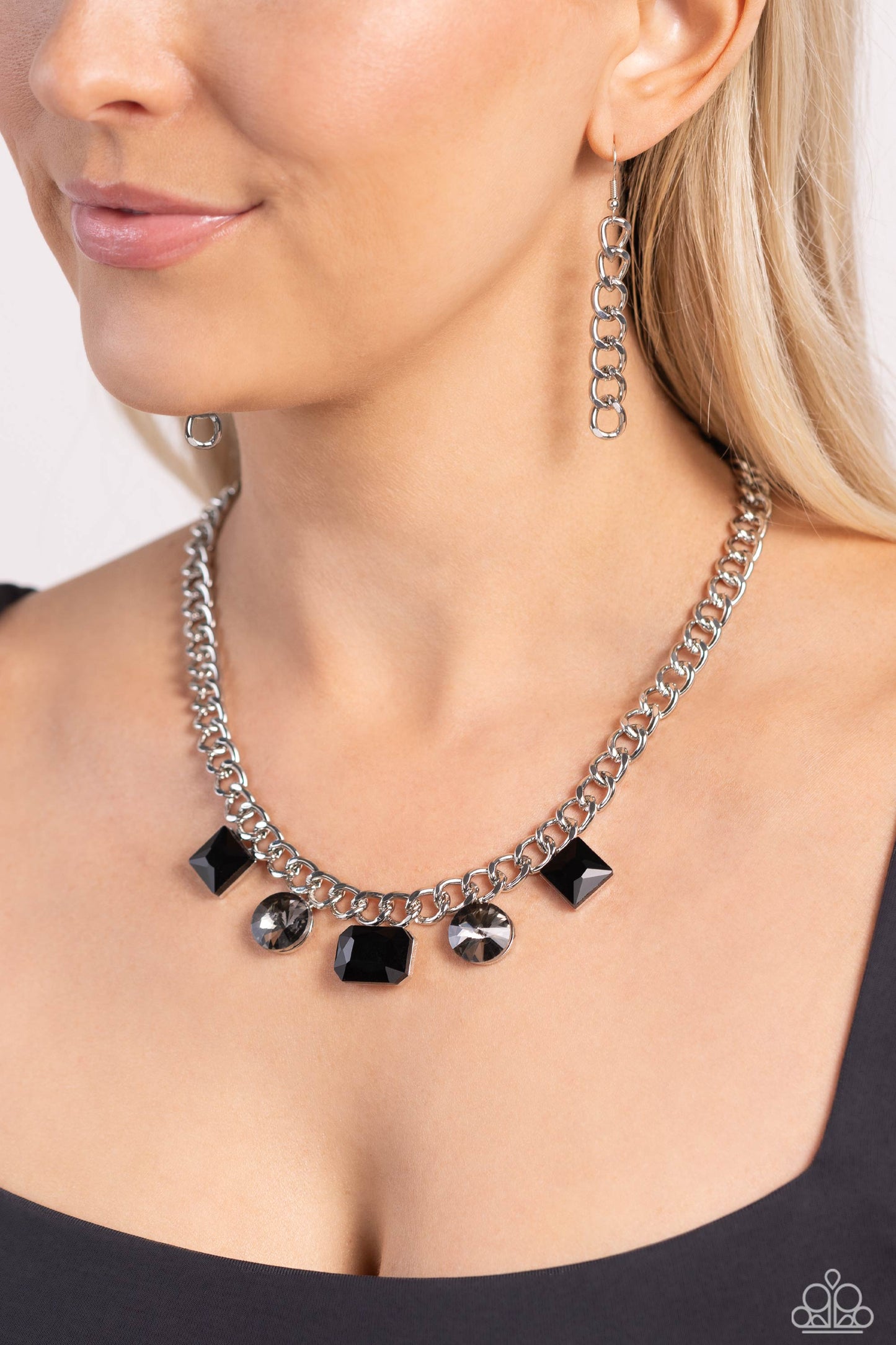 Alternating Audacity - Black Onyx Rhinestone Chain Necklace - Paparazzi Accessories