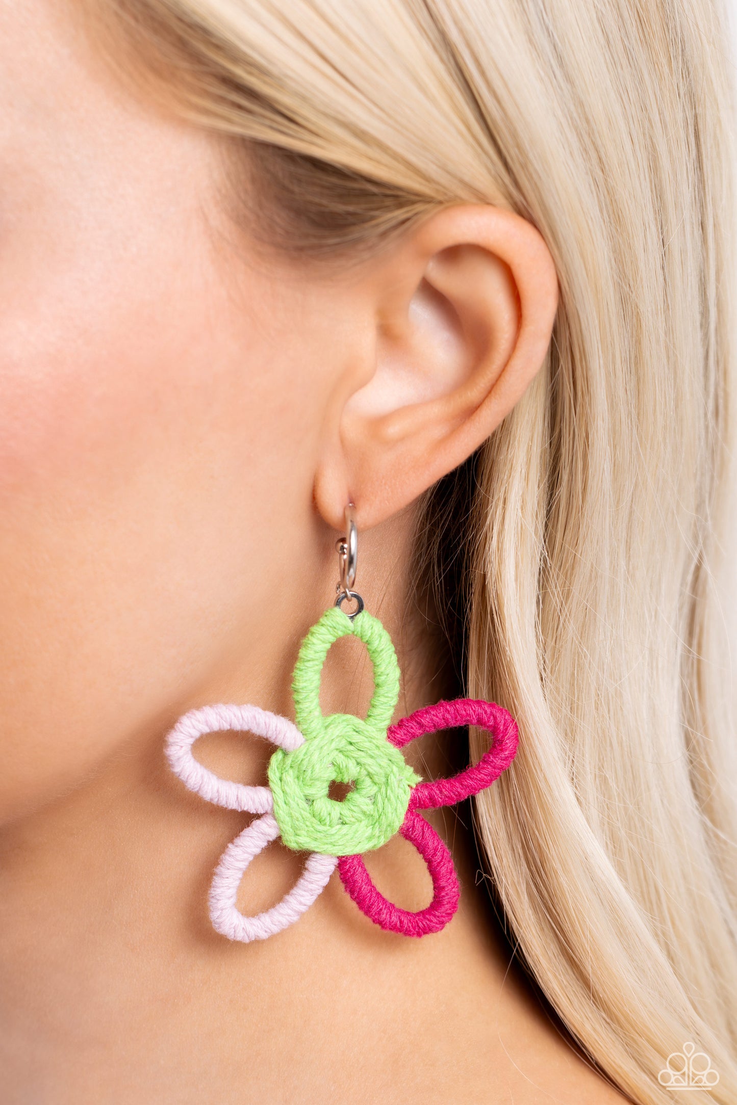 Spin a Yarn - Pink Flower Drop Hoop Earrings - Paparazzi Accessories