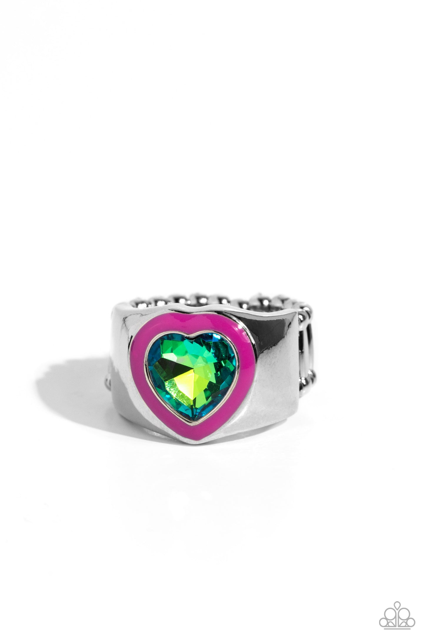 Fond Regard - Pink Enamel - Green UV Shimmer Heart Ring - Paparazzi Accessories