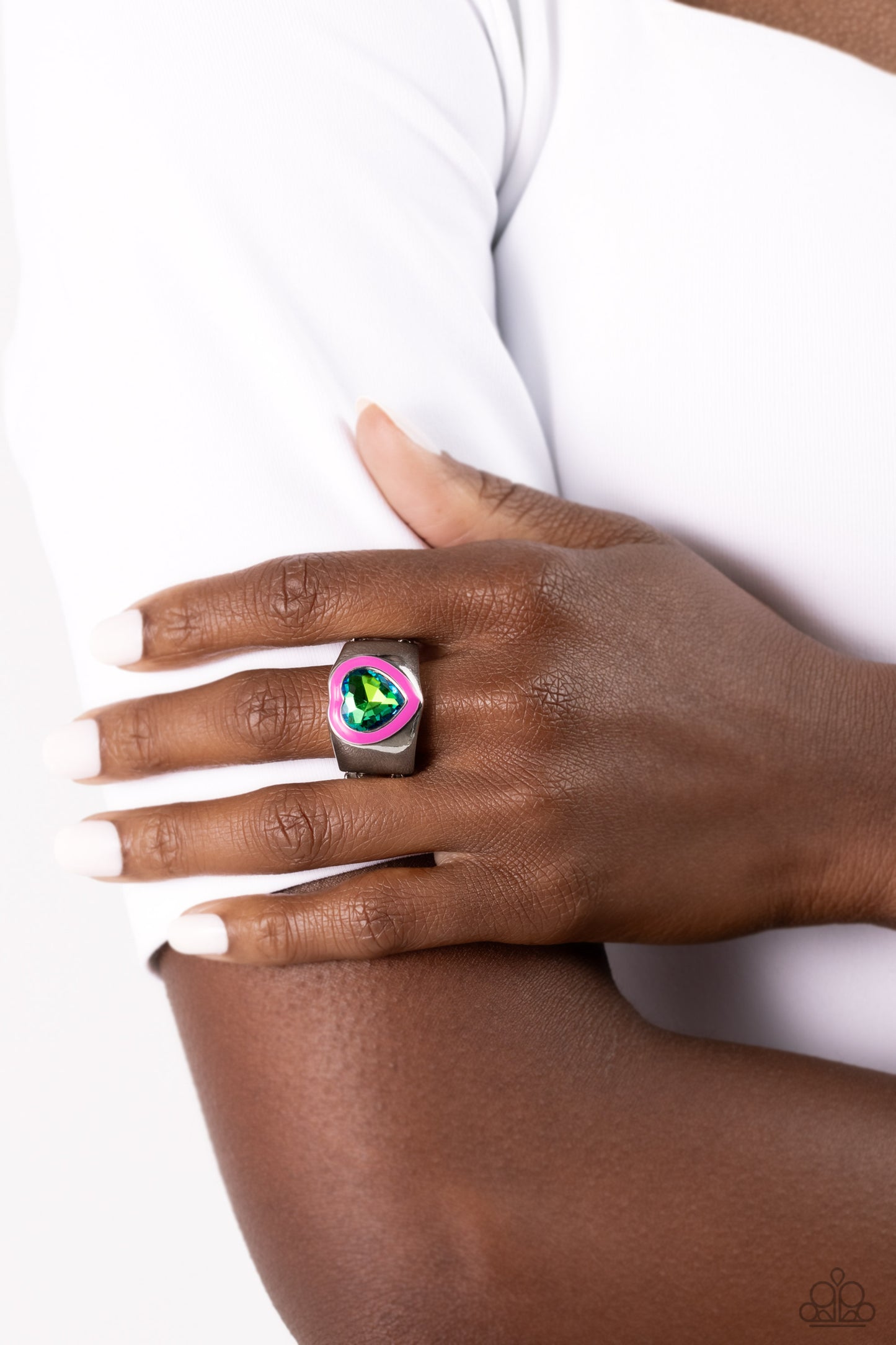 Fond Regard - Pink Enamel - Green UV Shimmer Heart Ring - Paparazzi Accessories