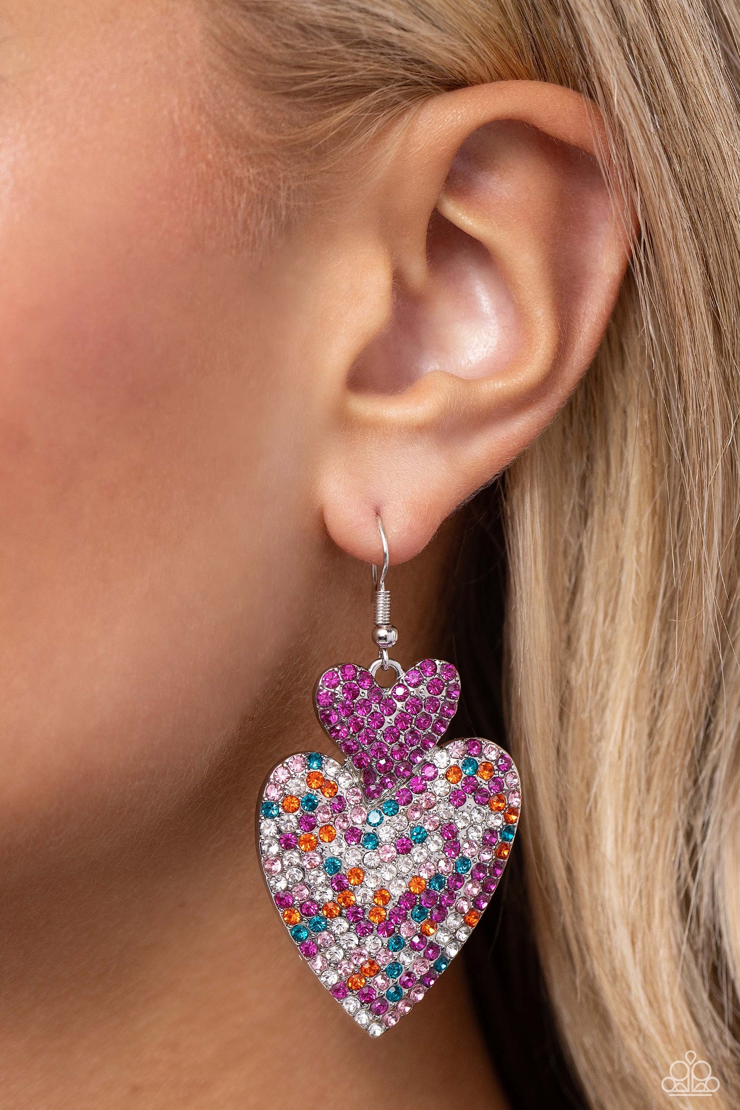 Flirting Flourish - Pink Multicolored Rhinestone Heart Fishhook Earrings - Paparazzi Accessories