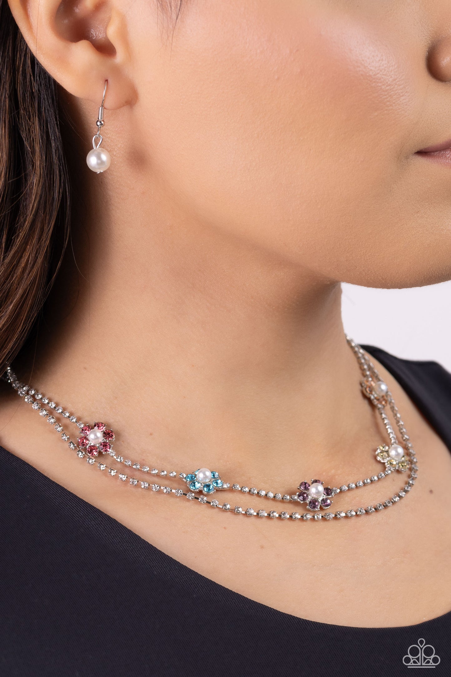 A SQUARE Beauty - Multi Rhinestone and Pearl Necklace - Paparazzi Accessories