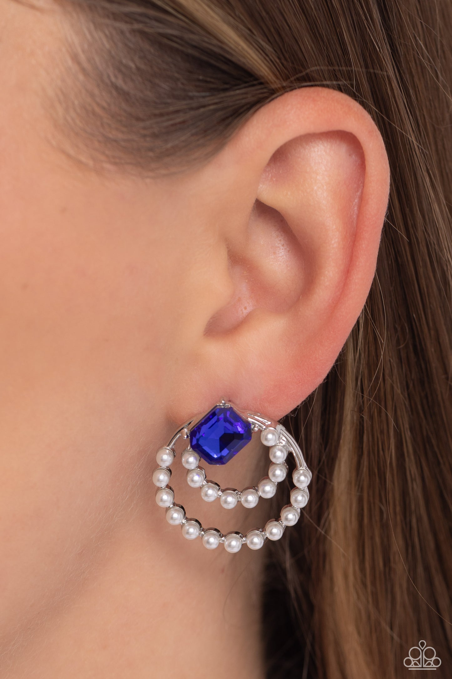 Double Standard - Blue Rhinestone Pearl Post Earrings - Paparazzi Accessories