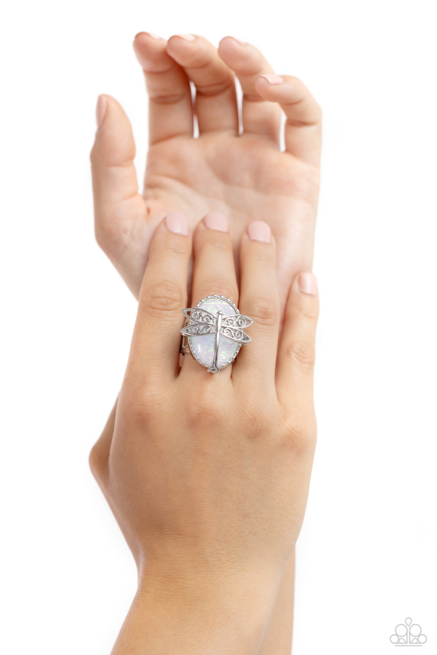 Dragonfly Dazzle - White Iridescent Opalescent Ring - Paparazzi Accessories