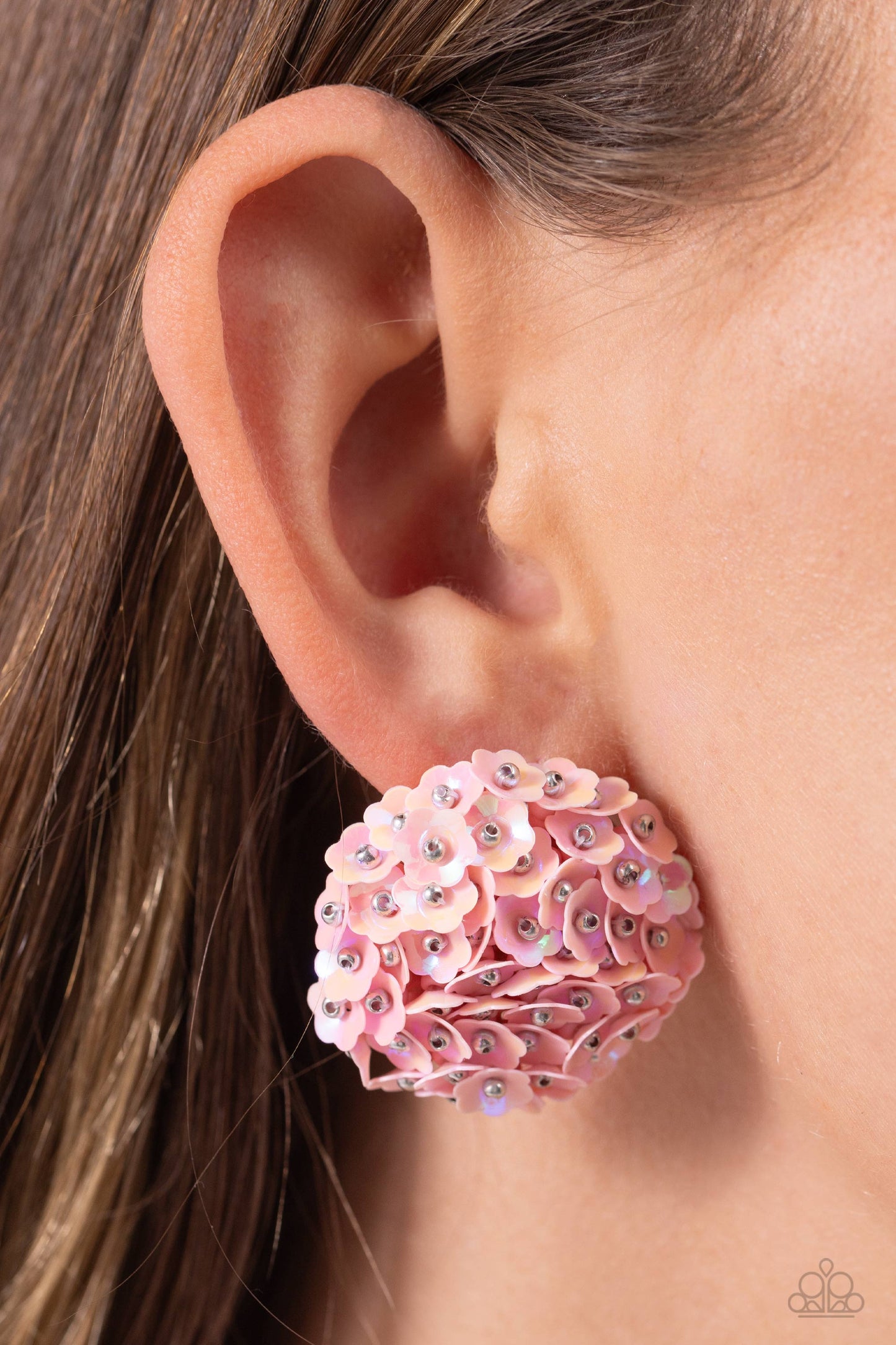 Corsage Character - Pink Sequin Flower Post Earrings - Paparazzi Accessories