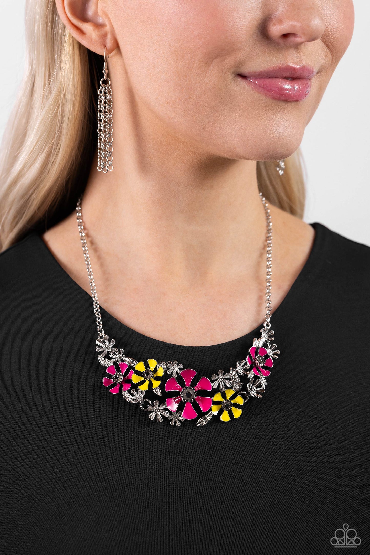 Blooming Practice - Pink - Pink and Yellow Enamel Flower Necklace - Paparazzi Accessories